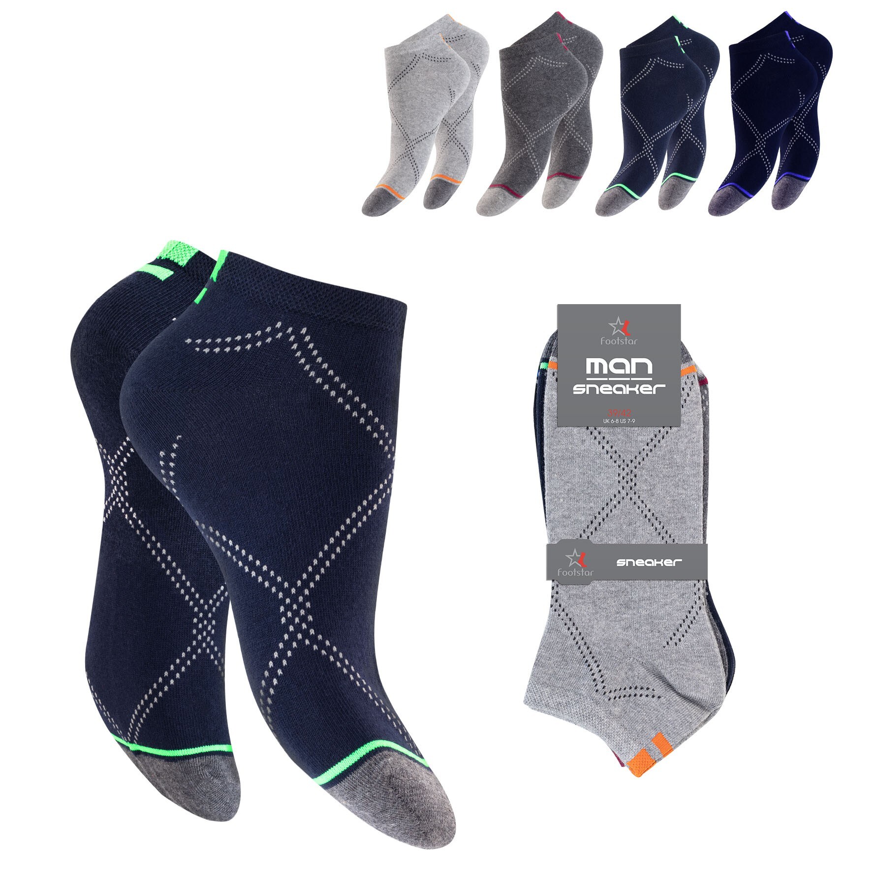Herren Sneaker-Socken 73990 , Gr. 39/42, farbig gem., 3 x 4er-Pack