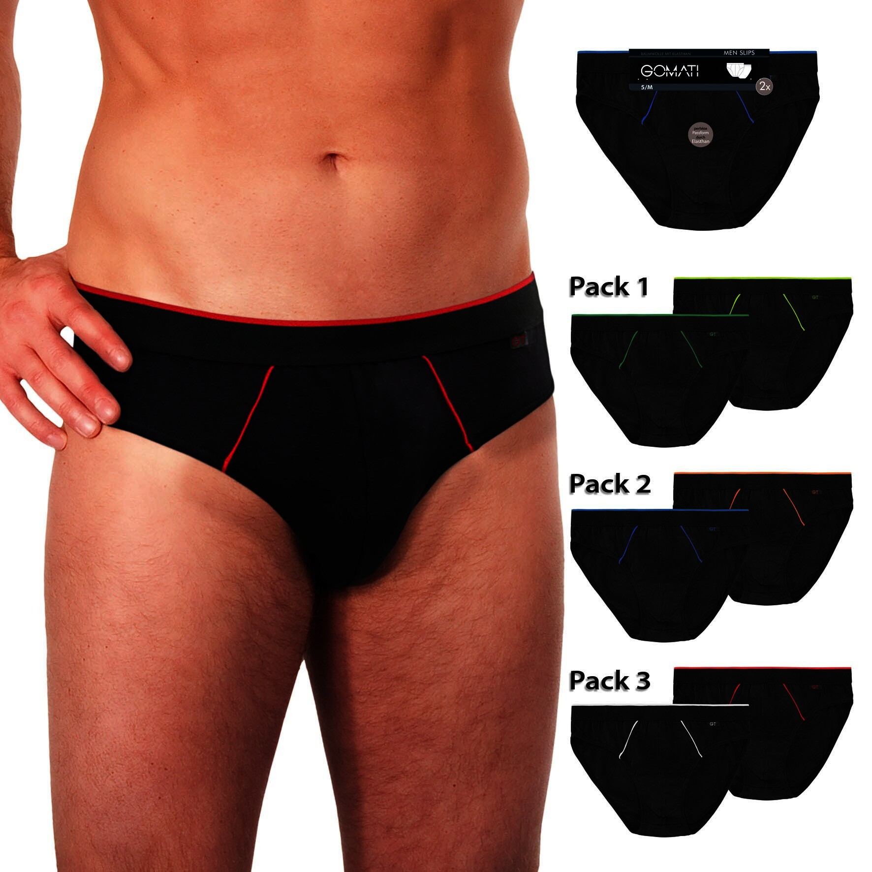Herren Slips 27438, Schwarz mit versch. Farbigen Paspeln, 4er-Pack, Gr.5