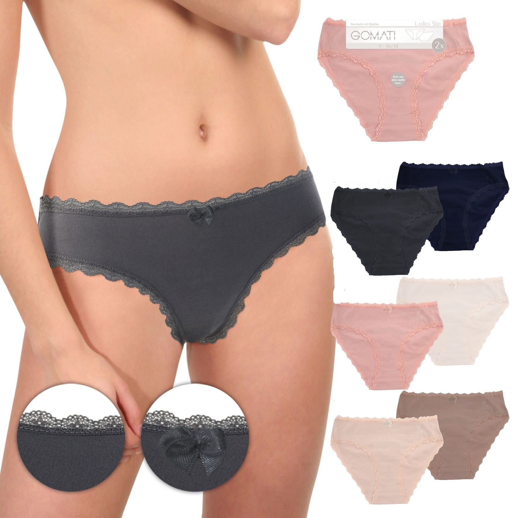 Damen Bikinislip 18123, Spitze, versch. Farben, 4 x 2er-Pack, Gr.36/38