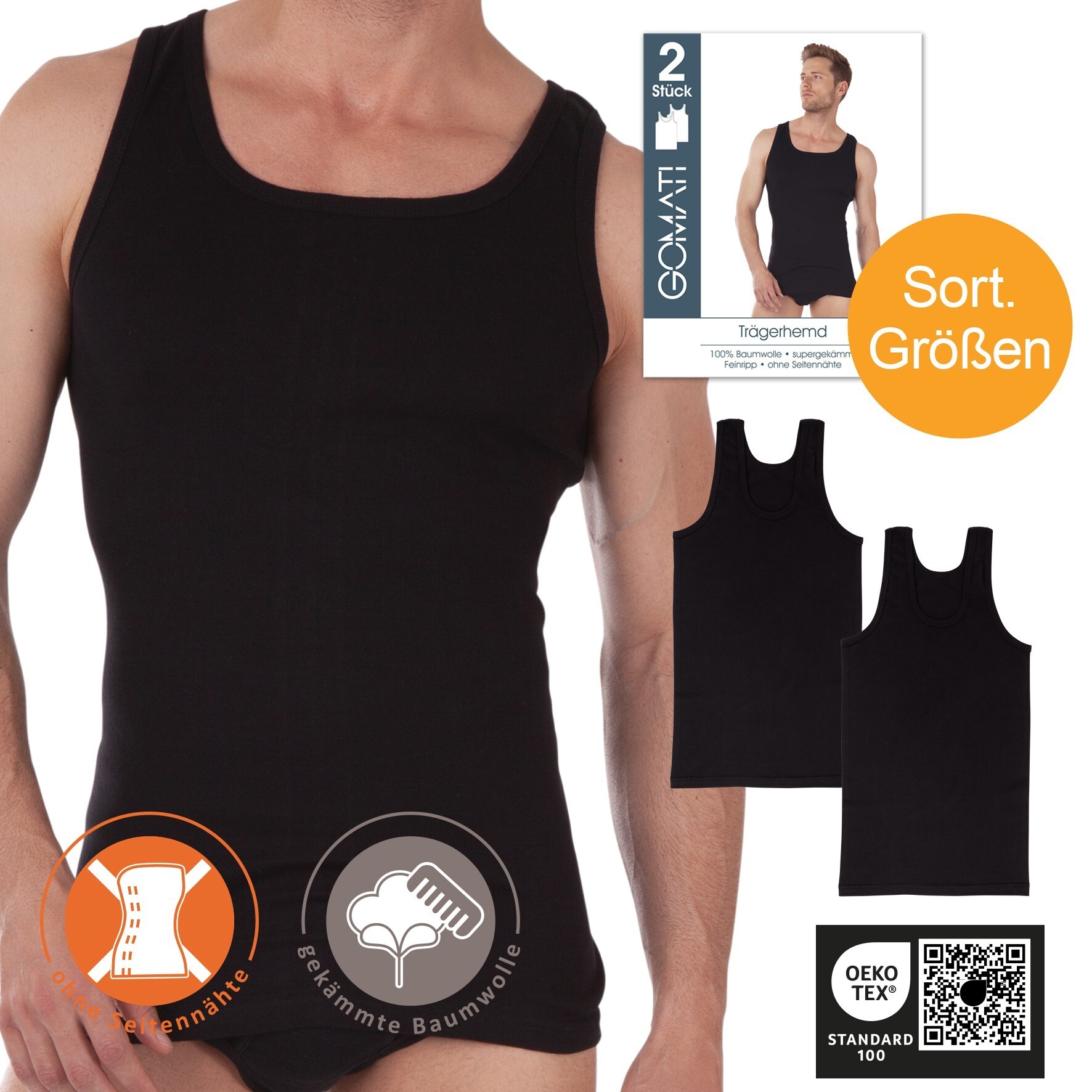 2er-Pack Herren-Unterhemd 20430, Feinripp, Schwarz, Gr.6