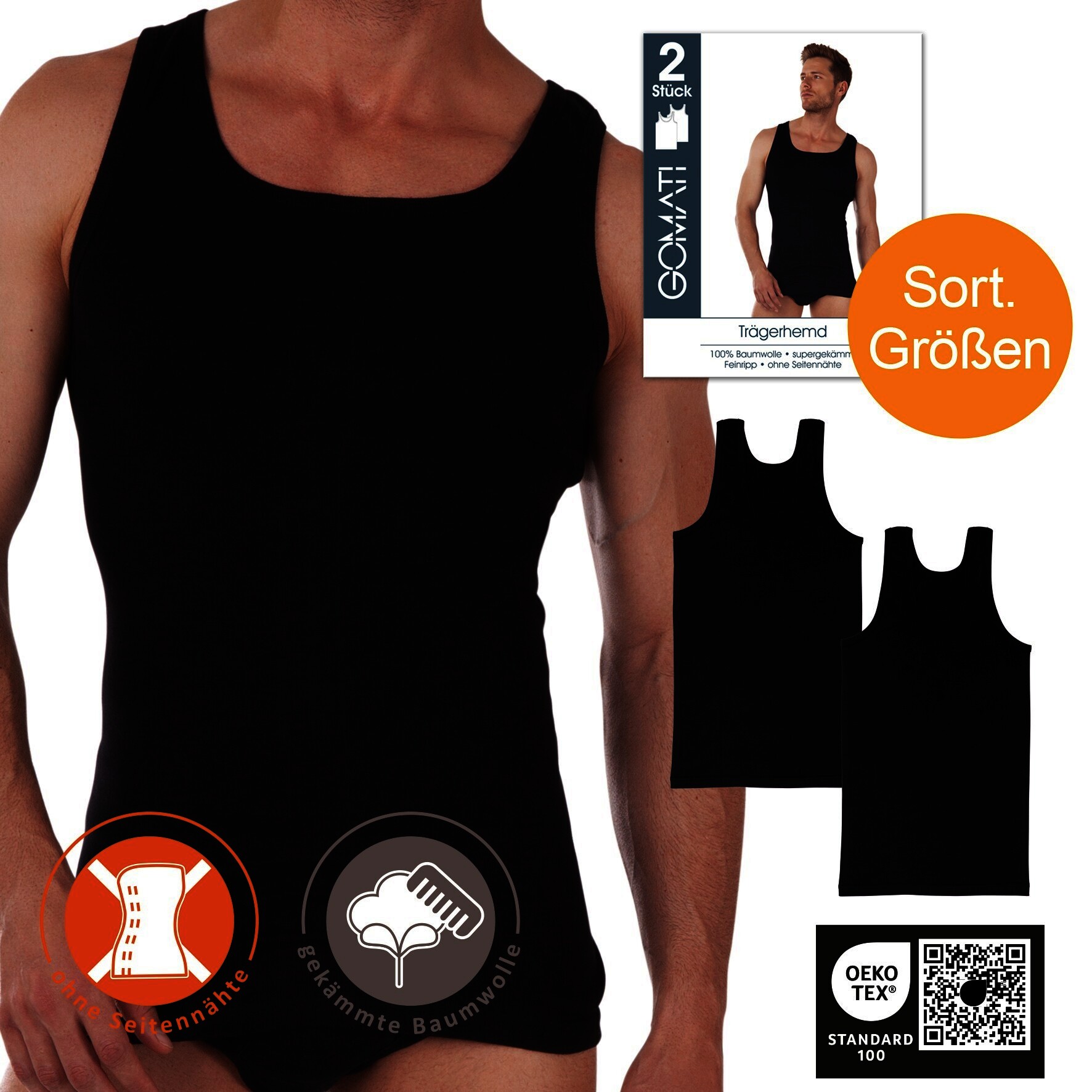 2er-Pack Herren-Unterhemd 20430, Feinripp, Schwarz, Gr.6