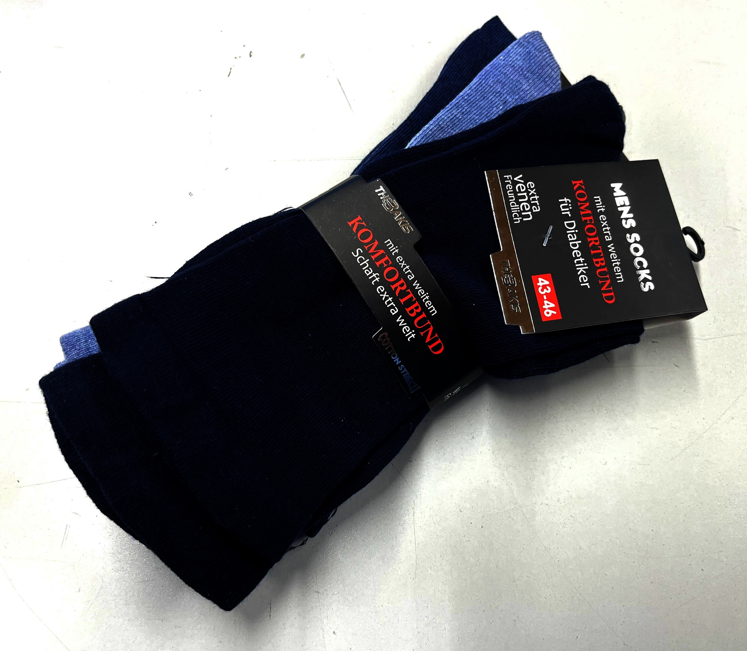 Diabetikersocken ohne Gummizug mit extra weitem Bund, Blautöne, Gr39-42, 3er Pack