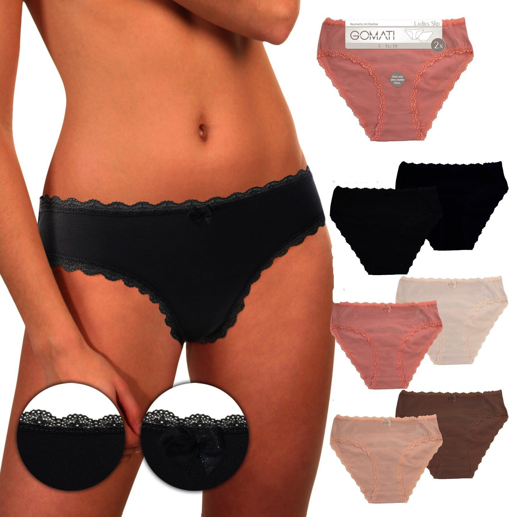 Damen Bikinislip 18123, Spitze, versch. Farben, 4 x 2er-Pack, Gr.36/38