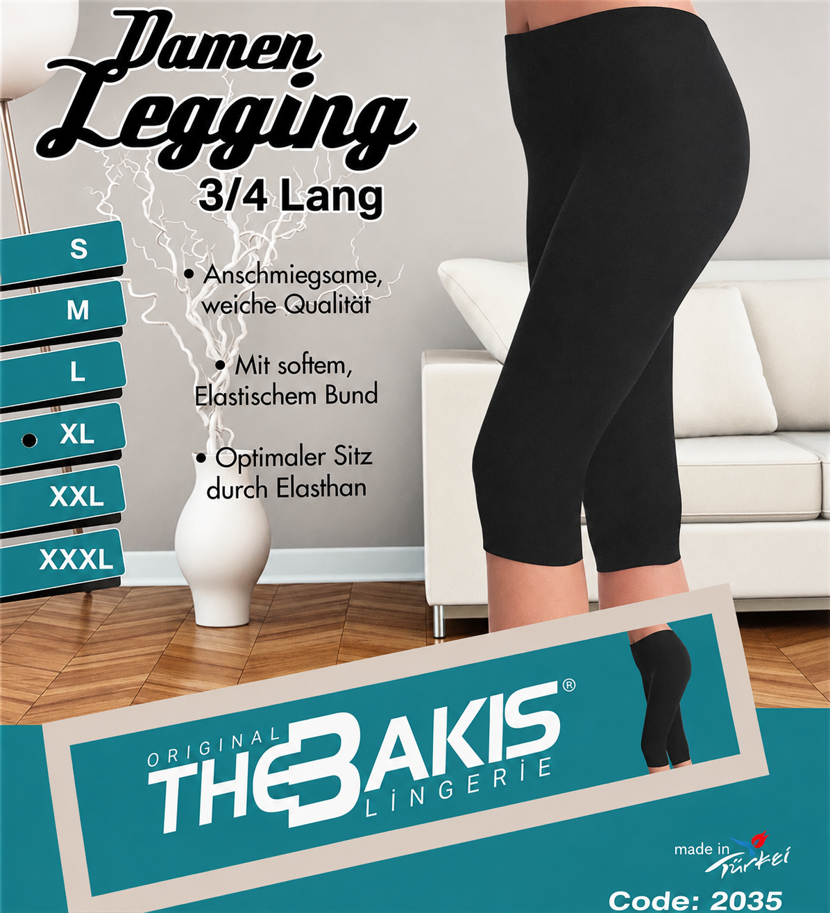 Damen Leggins 2035 mit Applikation, ¾ lang, Schwarz, Gr.M