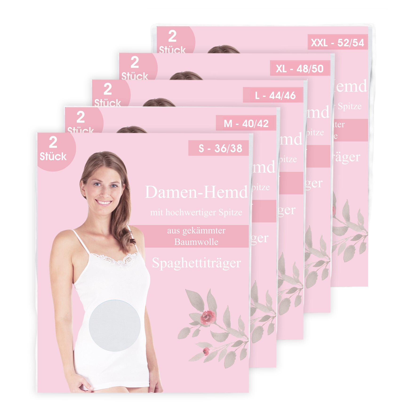 Damen Spaghetti-Hemd 11120, Spitze, 2 x 2er-Pack, Gr. 48/50