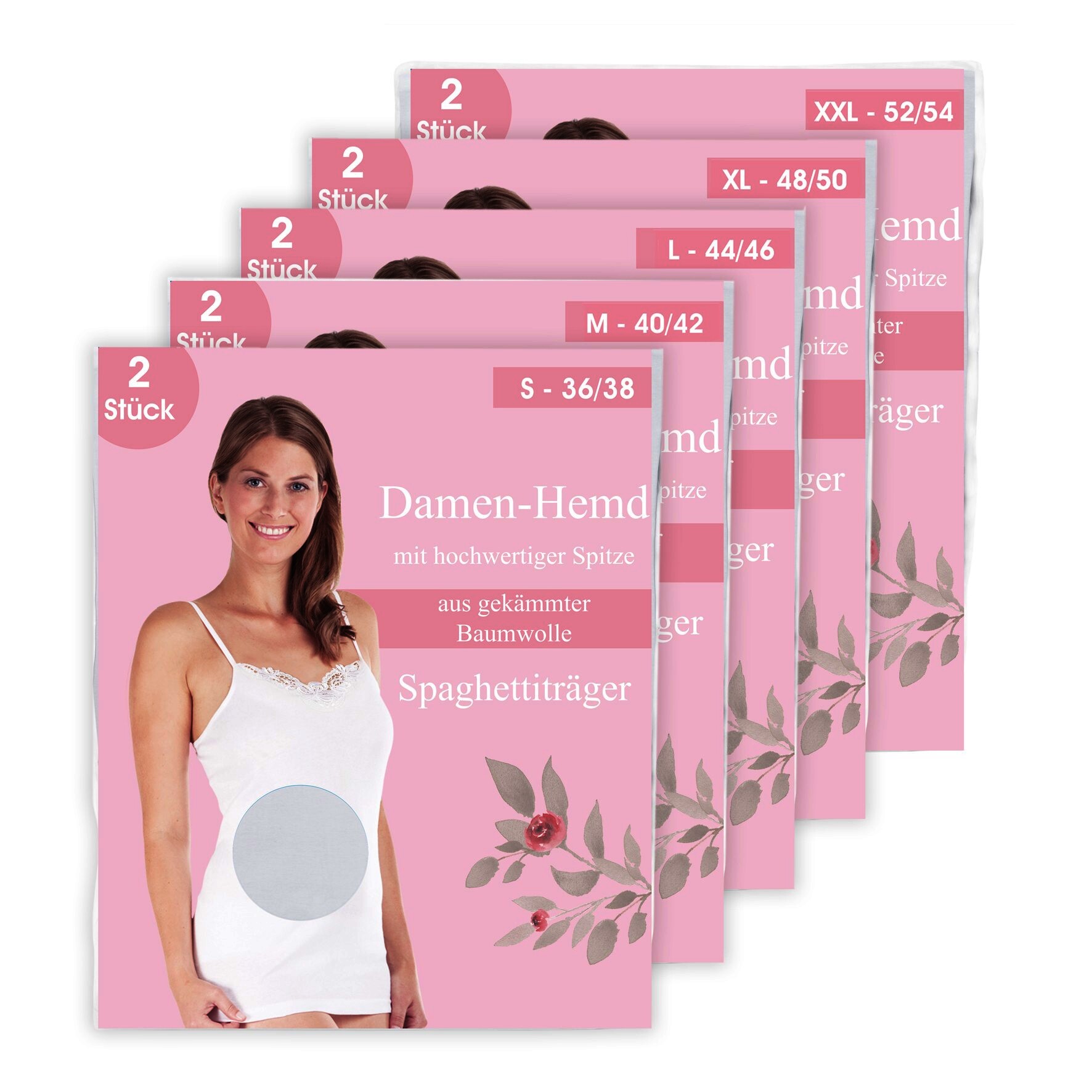 Damen Spaghetti-Hemd 11120, Spitze, 2 x 2er-Pack, Gr. 48/50