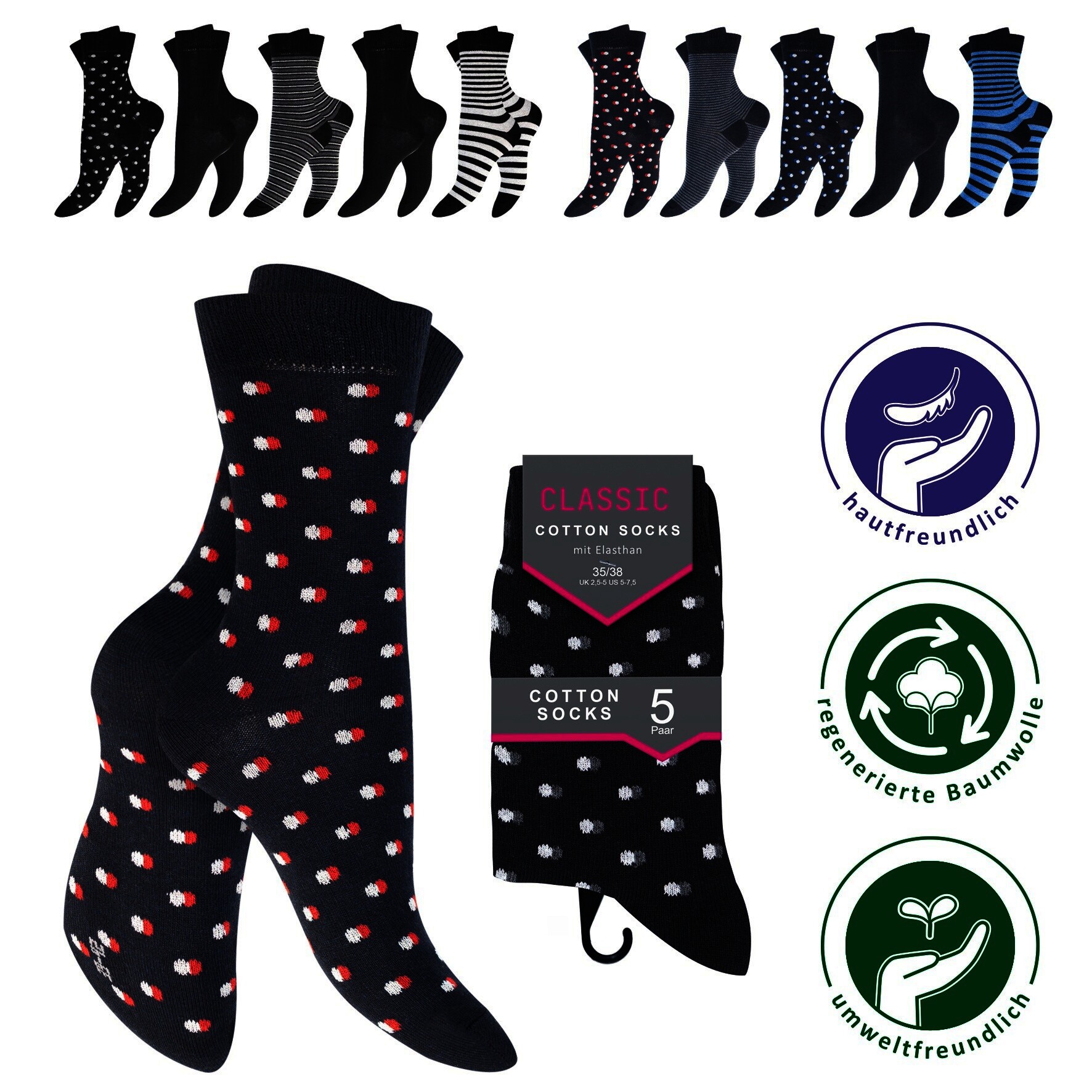 Damen Socken 63103, gemustert/uni, 2 x 5er-Pack, Gr.35/38
