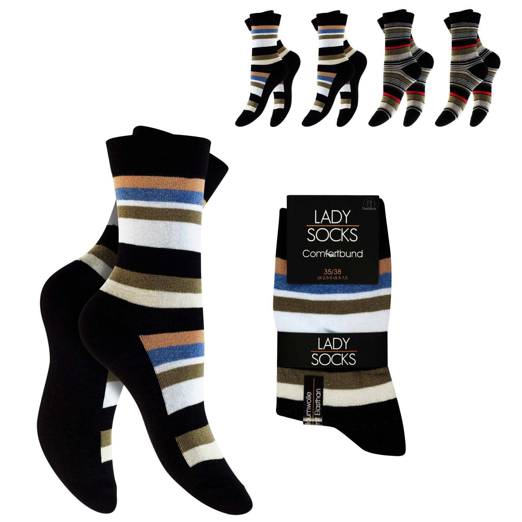 Damen Socken 60024, geringelt, 2 x 4er-Pack, Gr.35/38