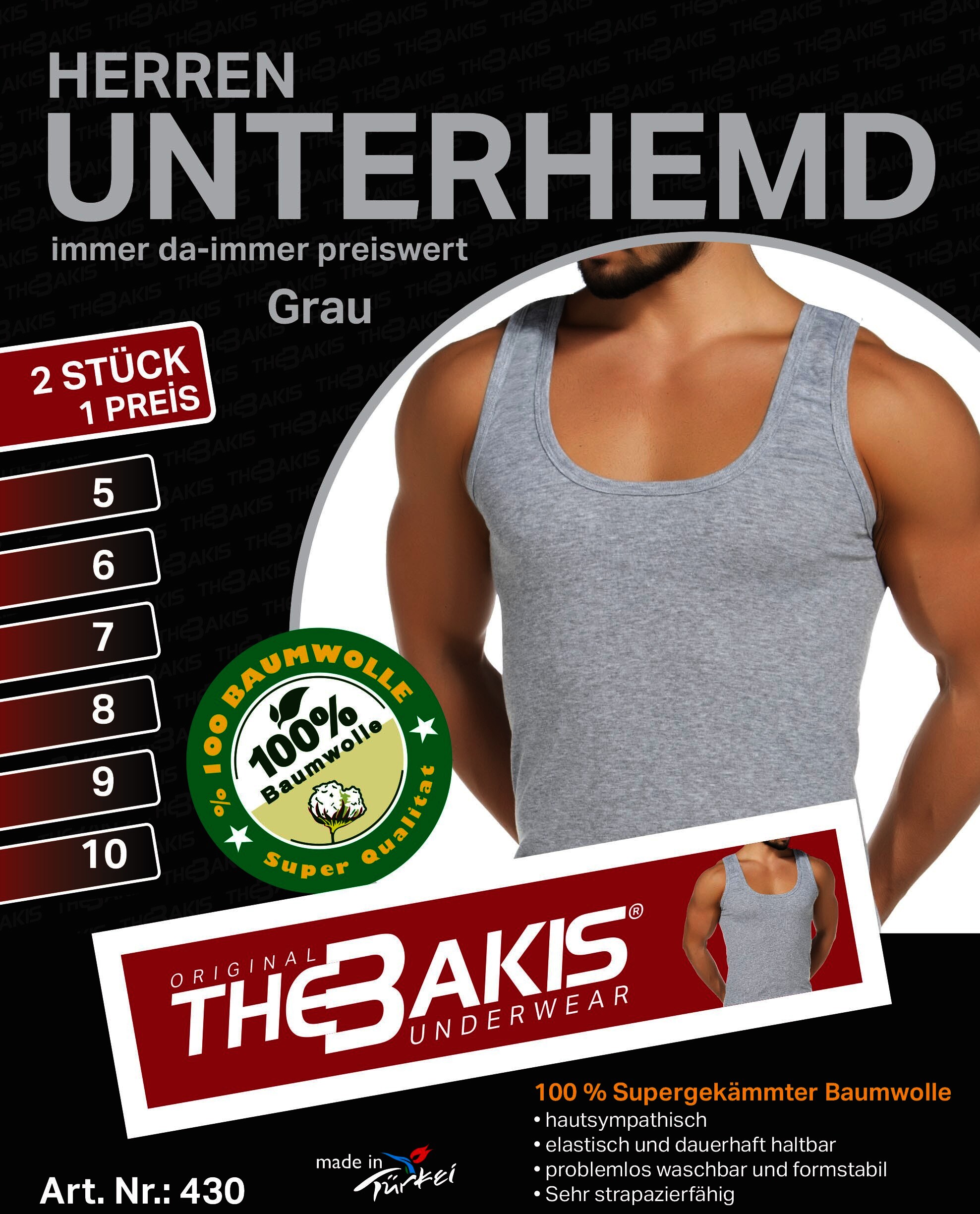 Herren Unterhemd 430, Grau Melliert, Feinripp,  6x2er-Pack , Gr.5
