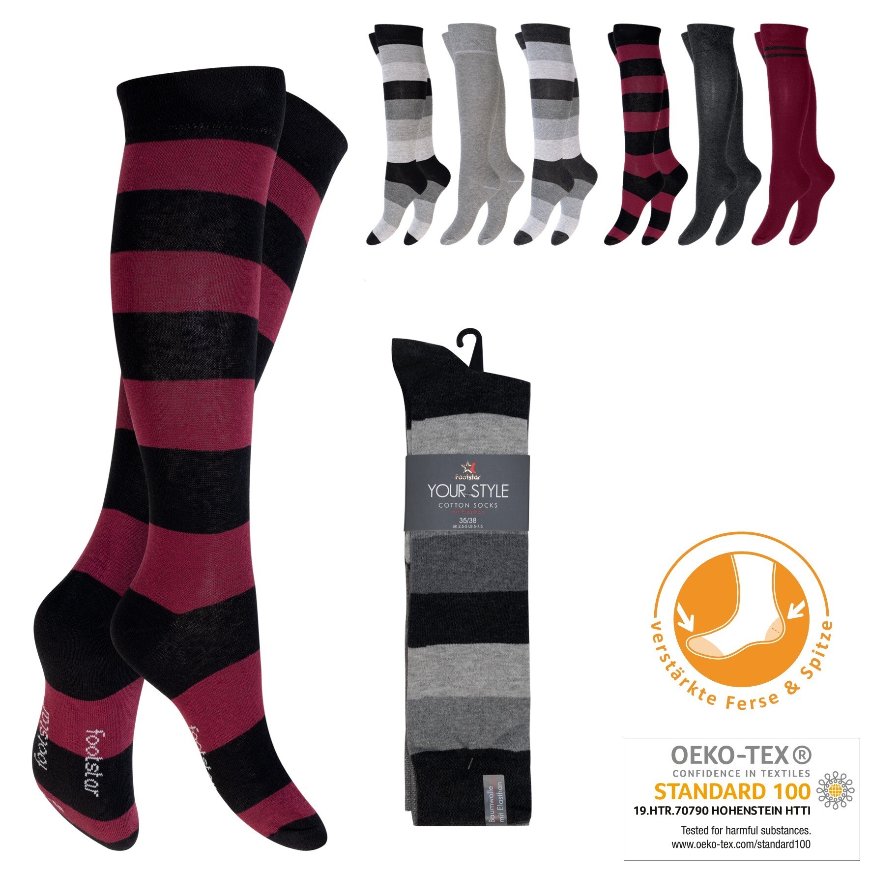 Damen Kniestrümpfe 61010, modisch geringelt, 3er-Pack, Gr.39/42