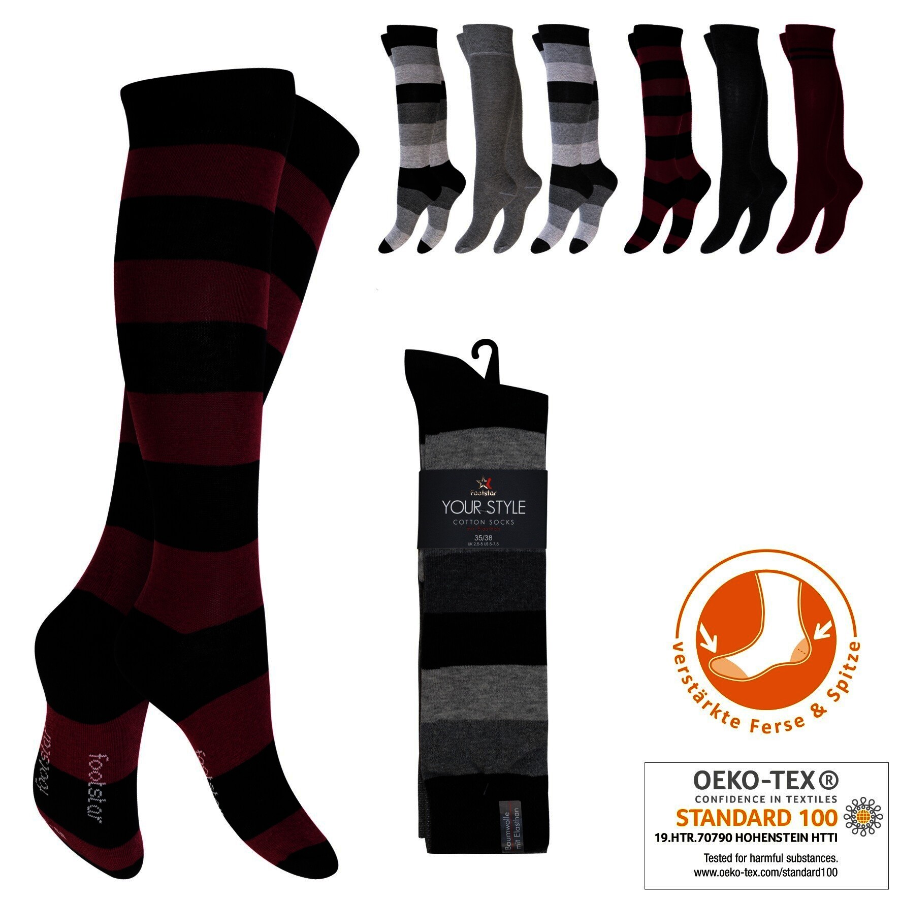 Damen Kniestrümpfe 61010, modisch geringelt, 3er-Pack, Gr.39/42
