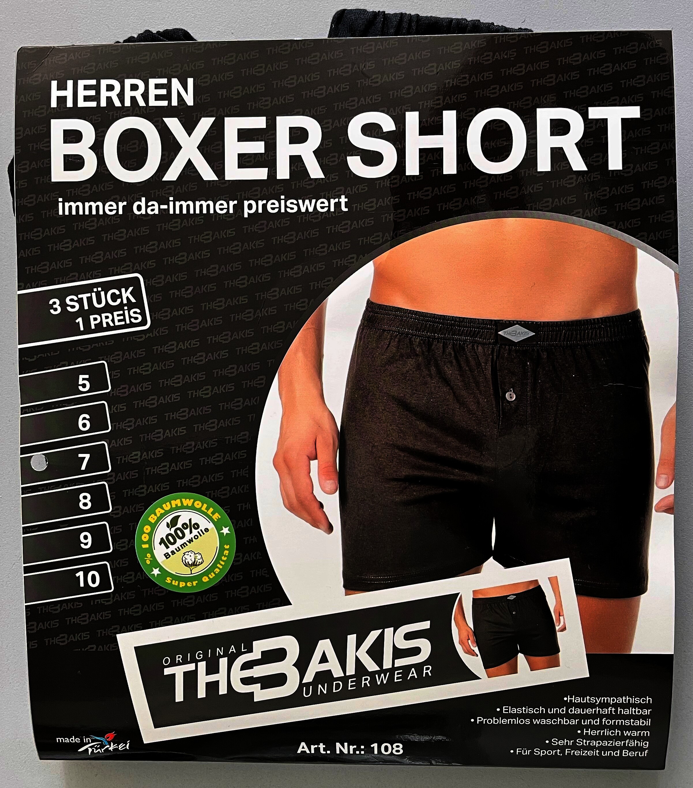 The BAKIS Herren Boxer Short, 2 x 3er Pack, schwarz, Größe 7