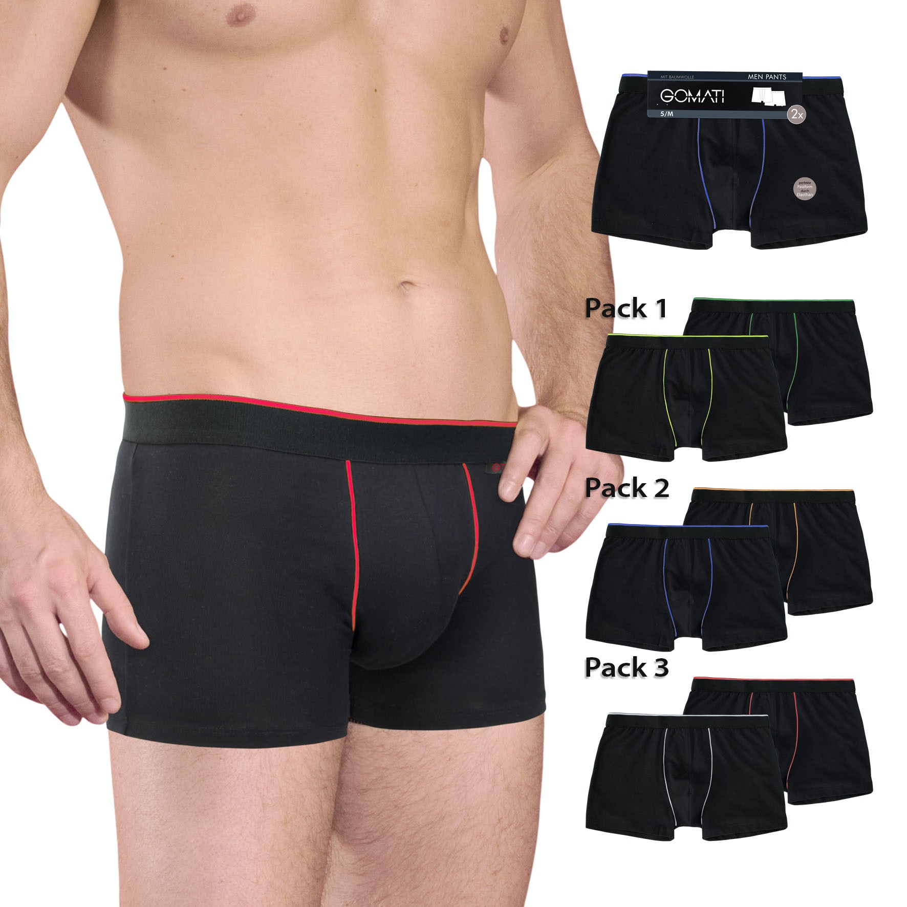 Herren Pants 27439, Schwarz mit versch. farbigen Paspeln, 10er-Pack, Gr.5 Herren Pants 27439, Schwarz mit versch. farbigen Paspeln, 10er-Pack, Gr.5