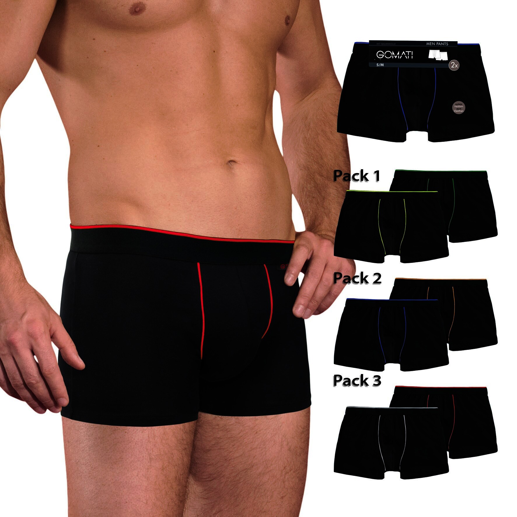 Herren Pants 27439, Schwarz mit versch. farbigen Paspeln, 8er-Pack, Gr.5