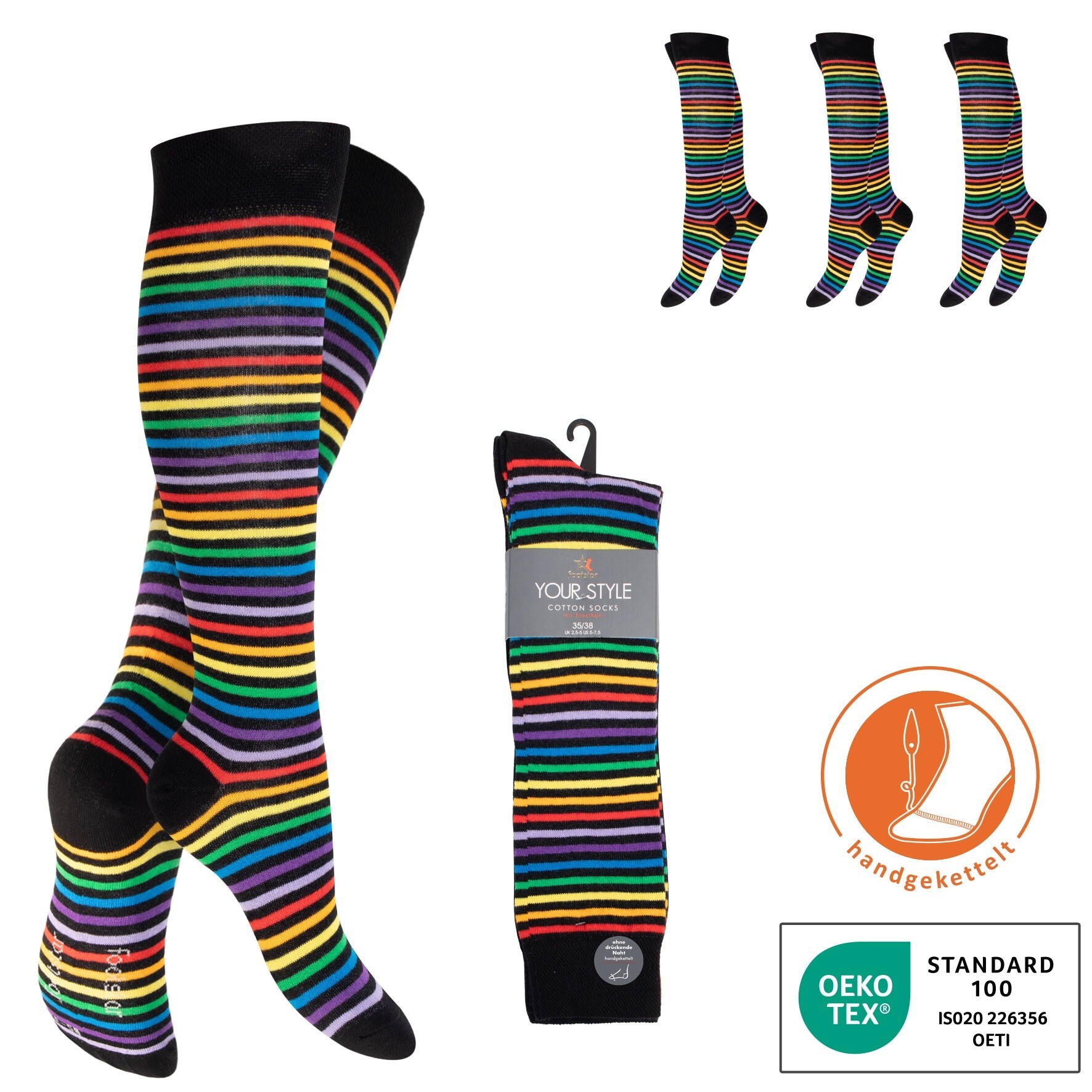 Damen Kniestrümpfe, modisch, geringelt, 2 x 3er-Pack, Gr.39/42