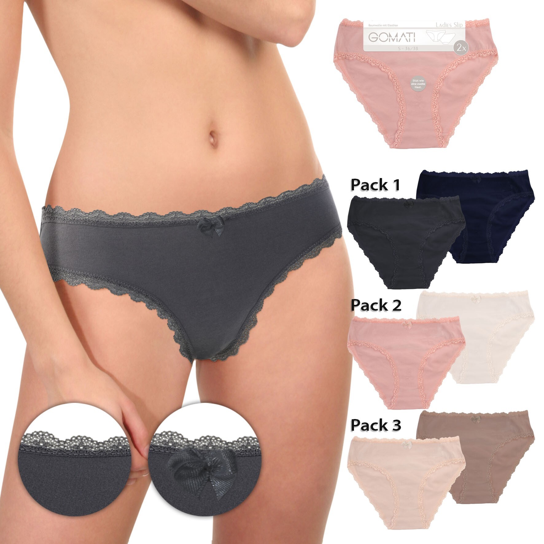 Damen Bikinislip 18123, Spitze, Pack 3, Gr. 40/42, 2 x 2er-Pack