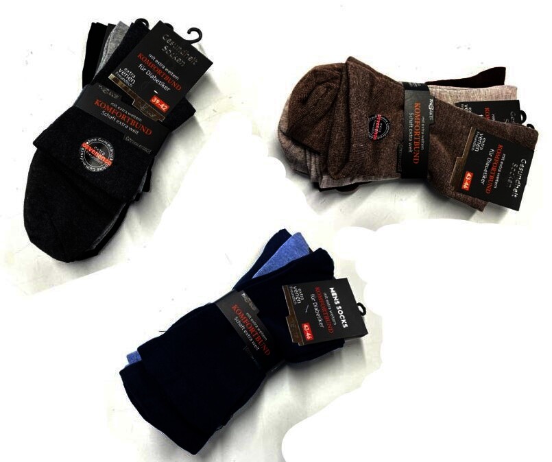 Diabetikersocken ohne Gummizug mit extra weitem Bund, Blautöne, Gr39-42, 3er Pack