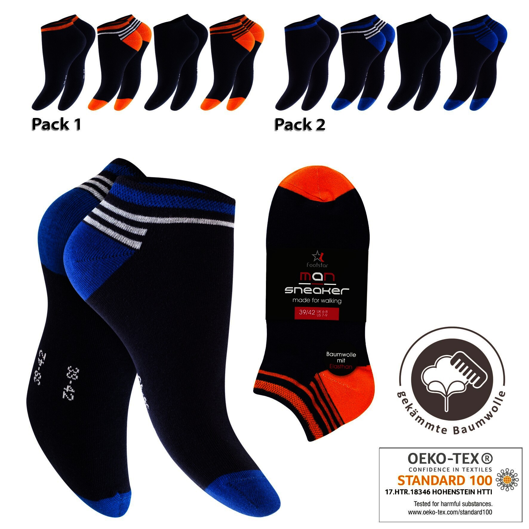 Herren Sneaker-Socken 79508 ,Pack 2, Gr. 43/46, farbig gem., 3 x 4er-Pack