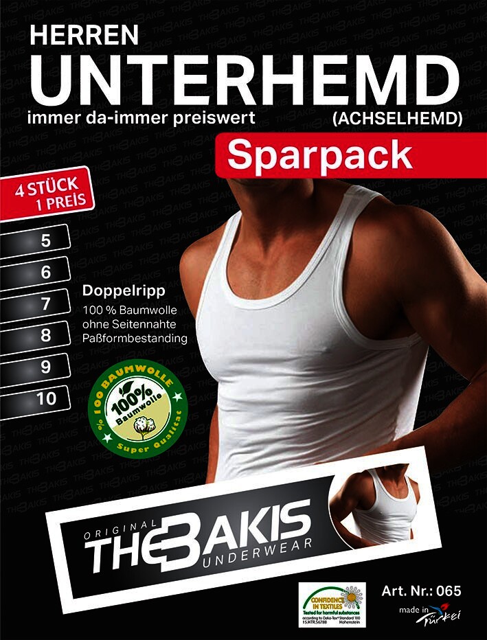 Herren Unterhemd 065, Doppelripp, weiß, 4 x 2er Pack, Gr.12