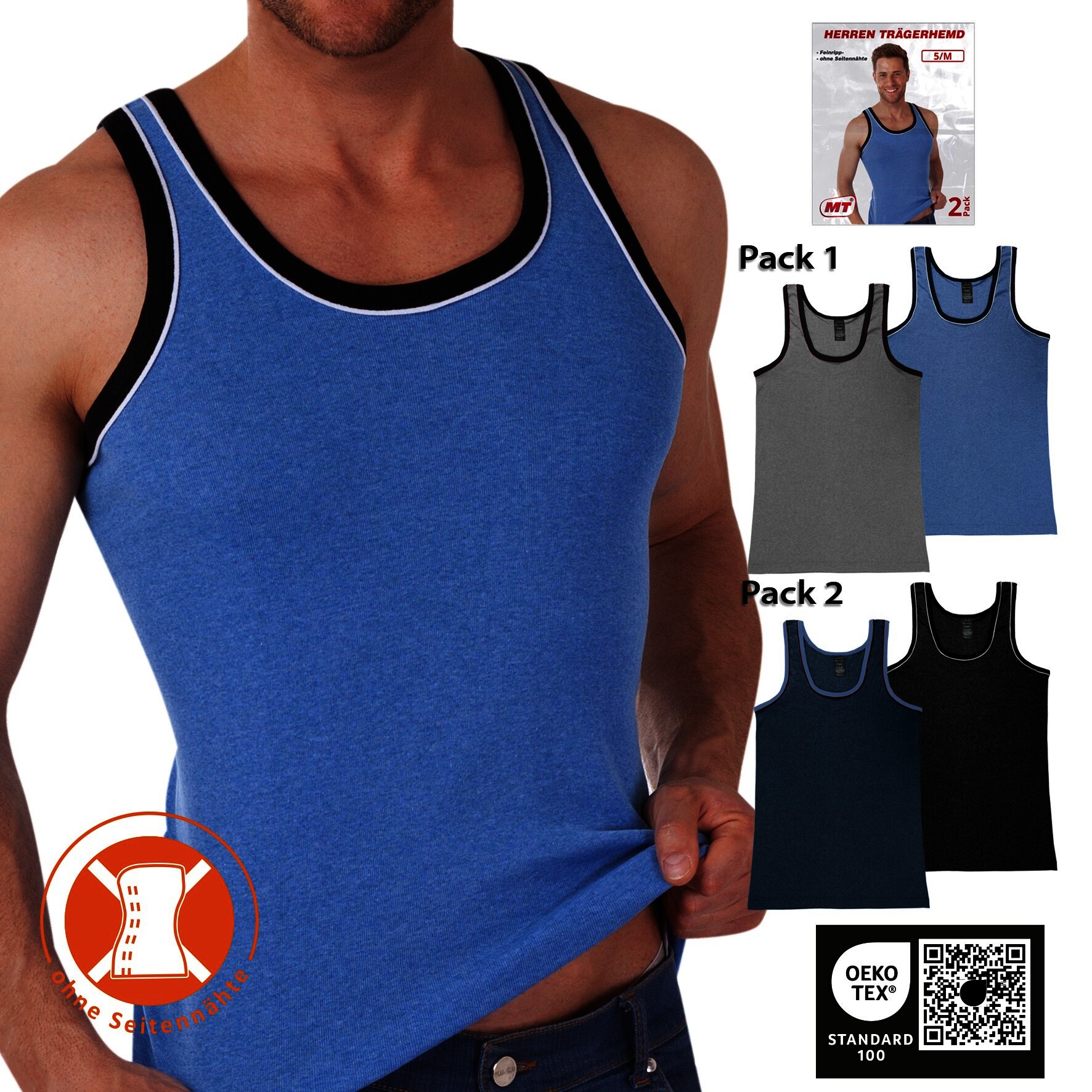 2er-Pack Herren-Unterhemd 22590, mit Paspelierung, Pack 1, Gr.7