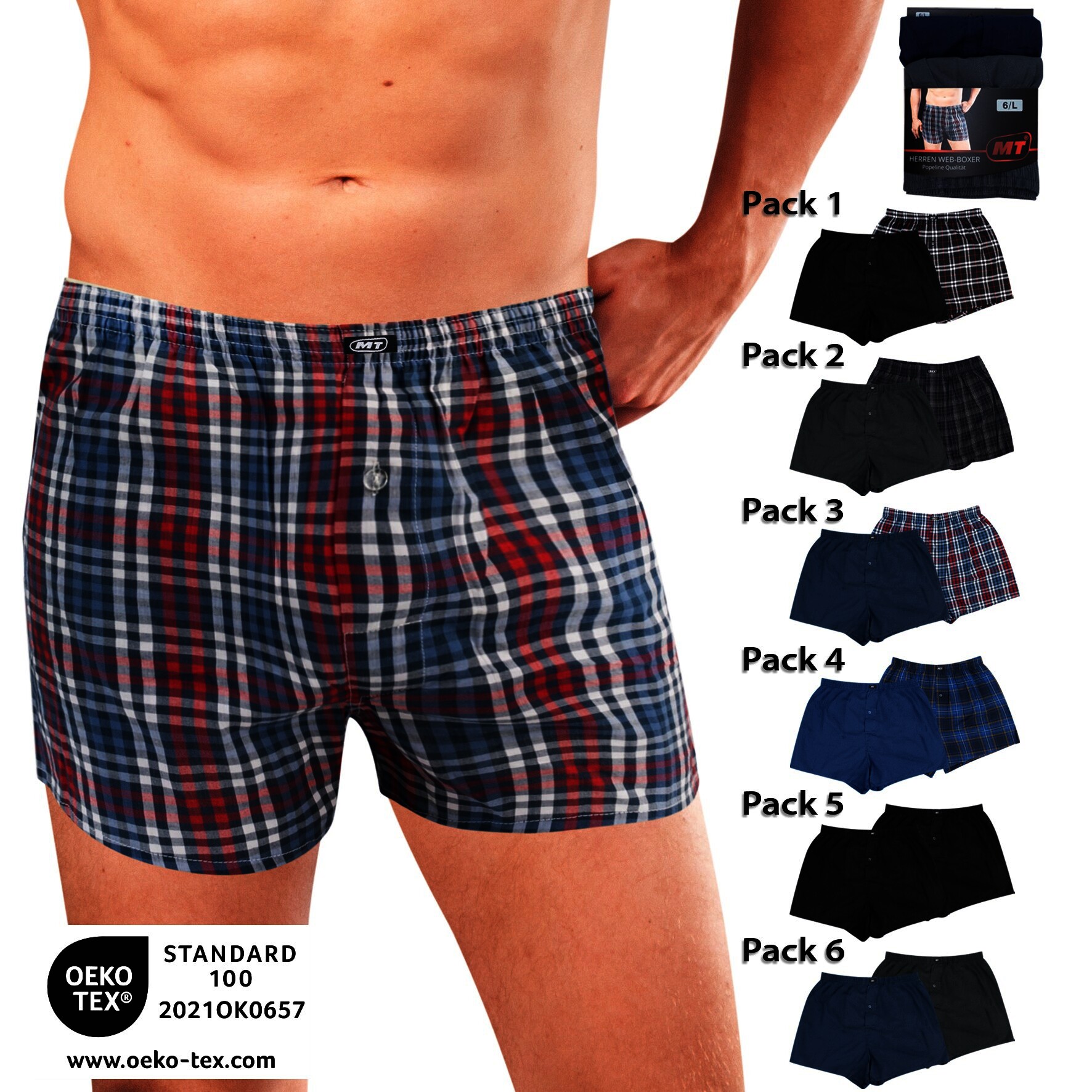 Herren Boxer-Shorts 20408, uni/kariert, versch. Farben, Gr. 5, 2 x 2er-Pack