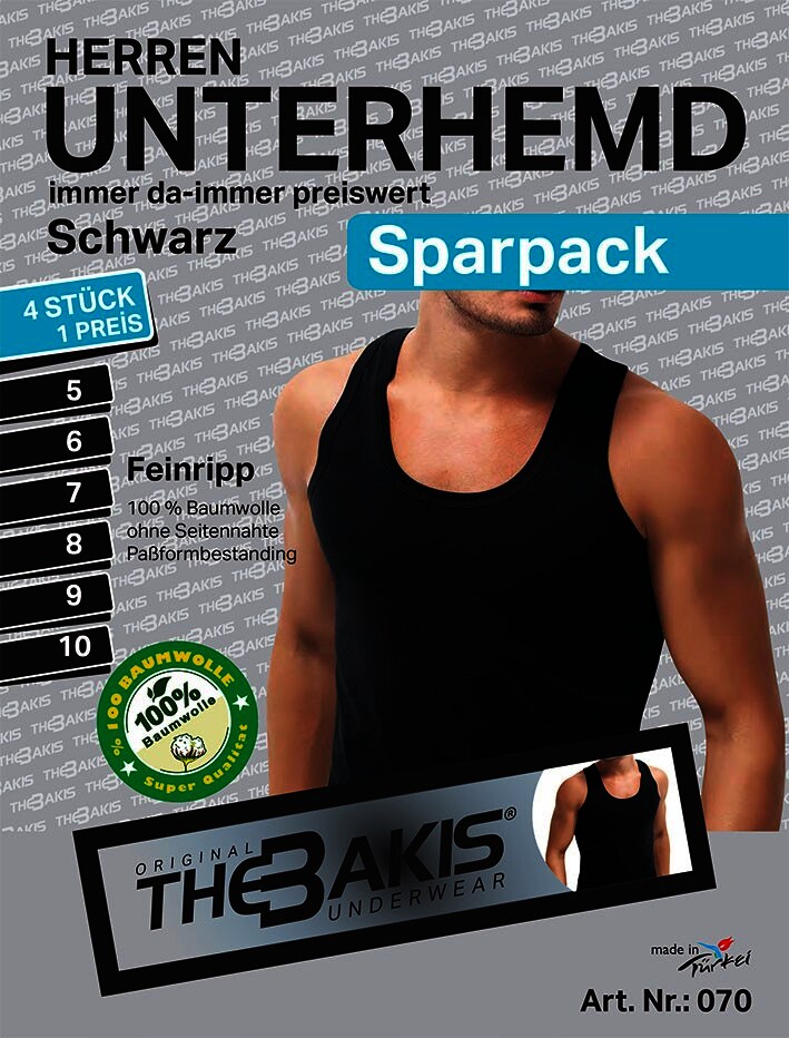 Herren Unterhemd 3 x 4er Pack Feinripp Farbe: Schwarz, Größe 5