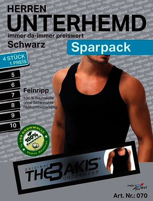 Herren Unterhemd 3 x 4er Pack Feinripp Farbe: Schwarz, Größe 8